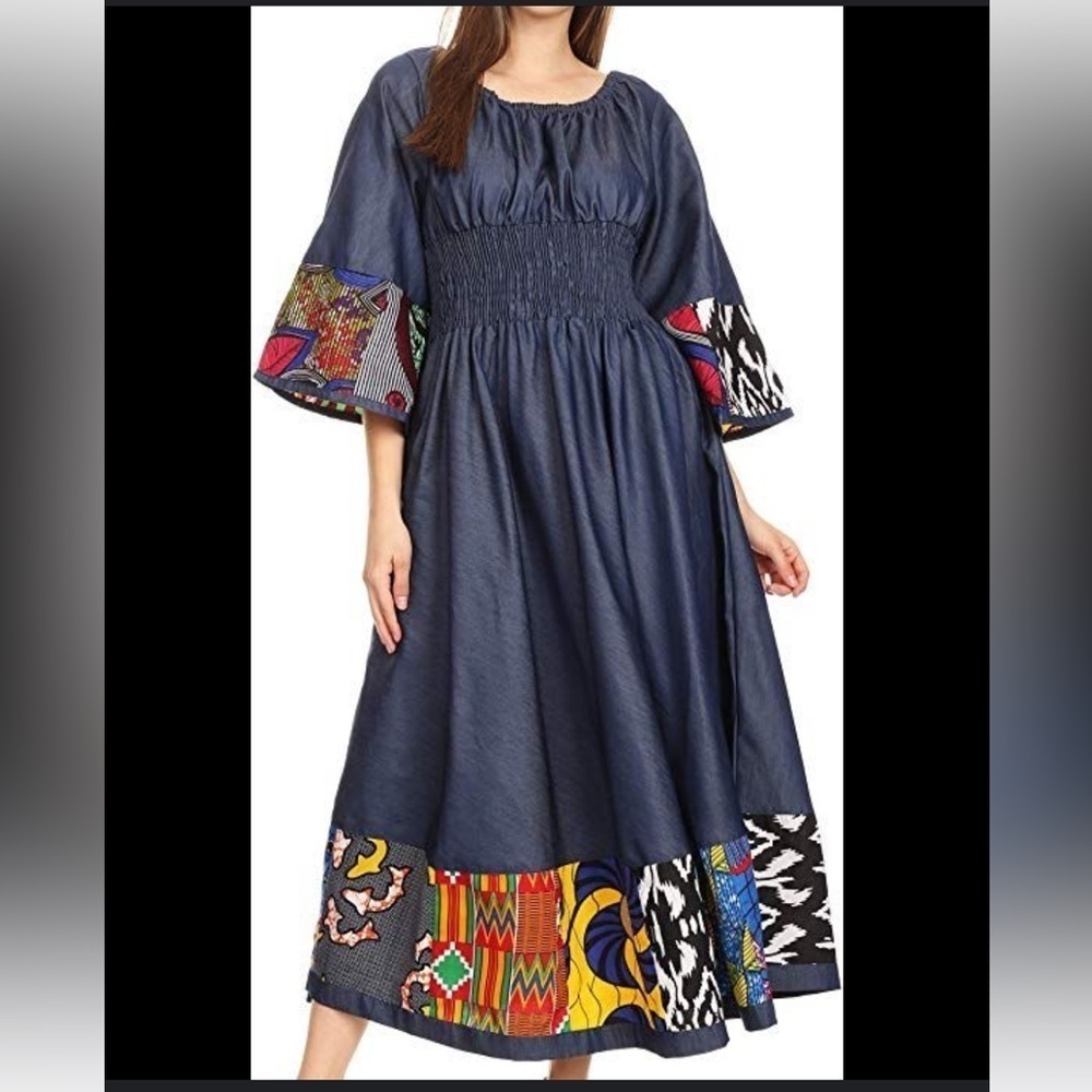 DENIM SMOCKED FIESTA MAXI DRESS SIZE LARGE LIGHTWEIGHT NWT POCKETS - Picture 3 of 12